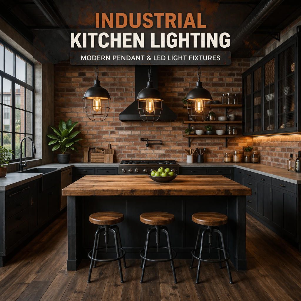 Industrial kitchen lighting with black metal pendant lights over modern kitchen island