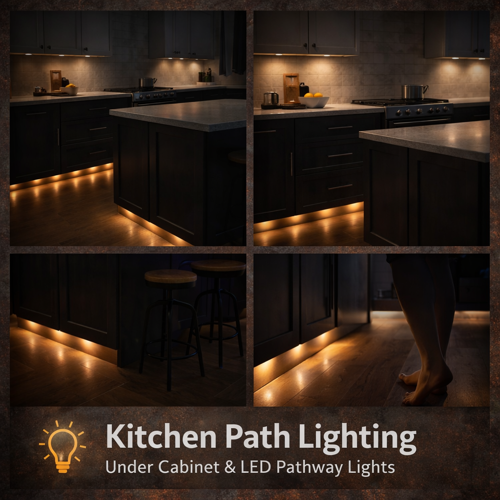 Kitchen path lighting with LED under cabinet and toe kick lights illuminating floor pathway