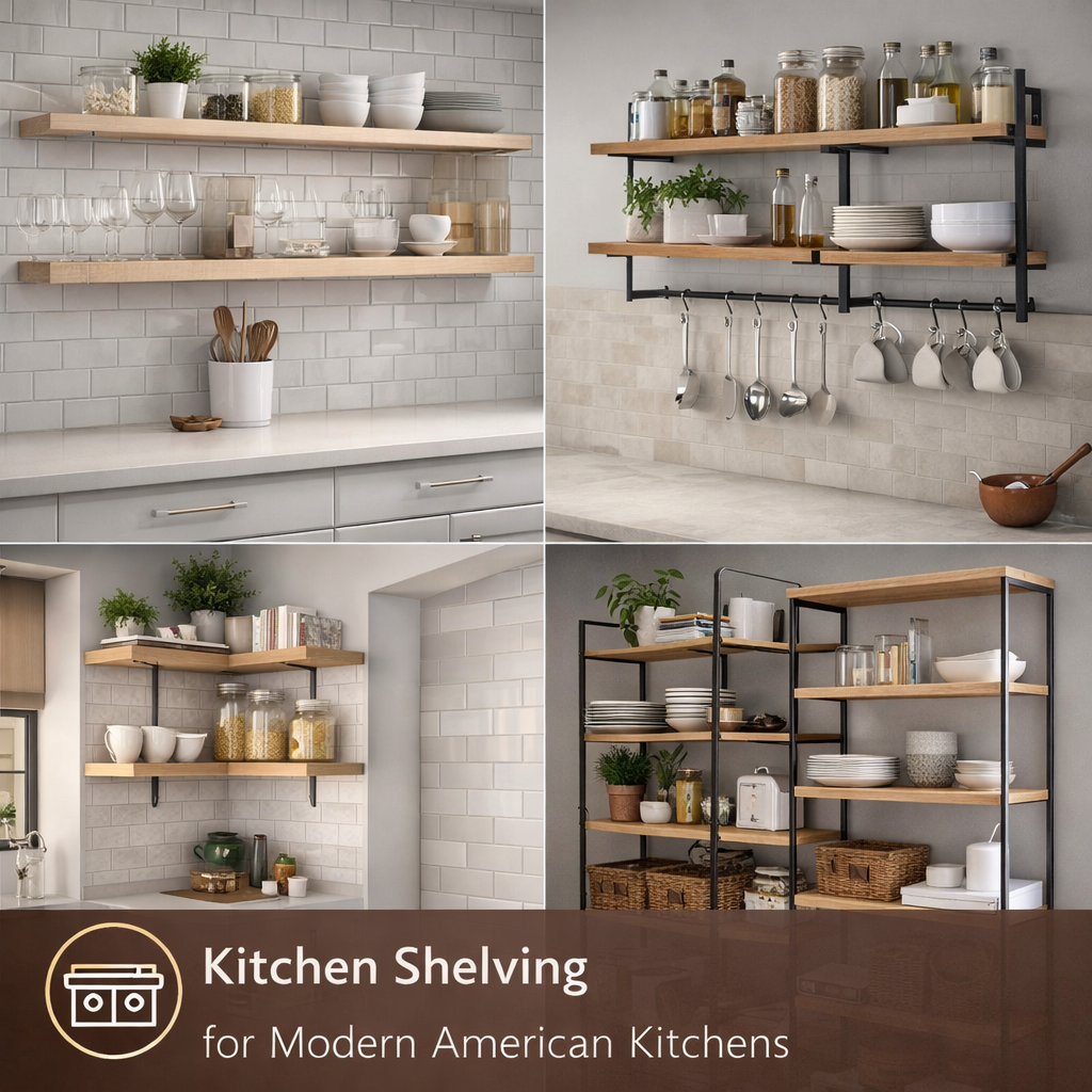 modern kitchen floating shelves with organized storage in American home kitchen