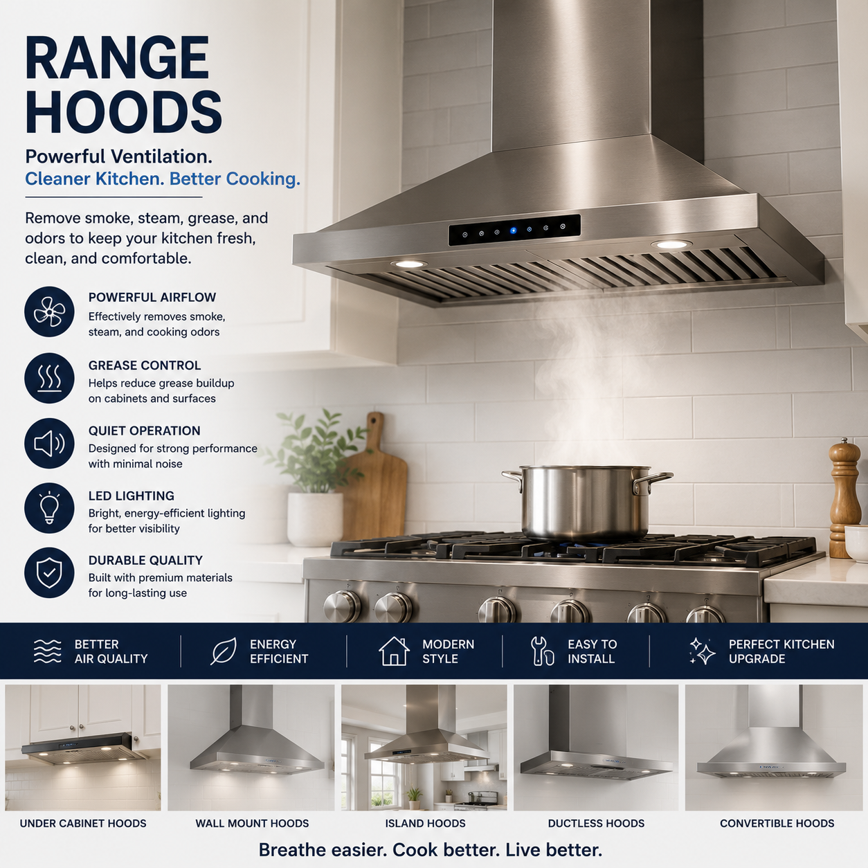 Modern Stainless Steel Range Hood Above Kitchen Stove For Smoke And Odor Control