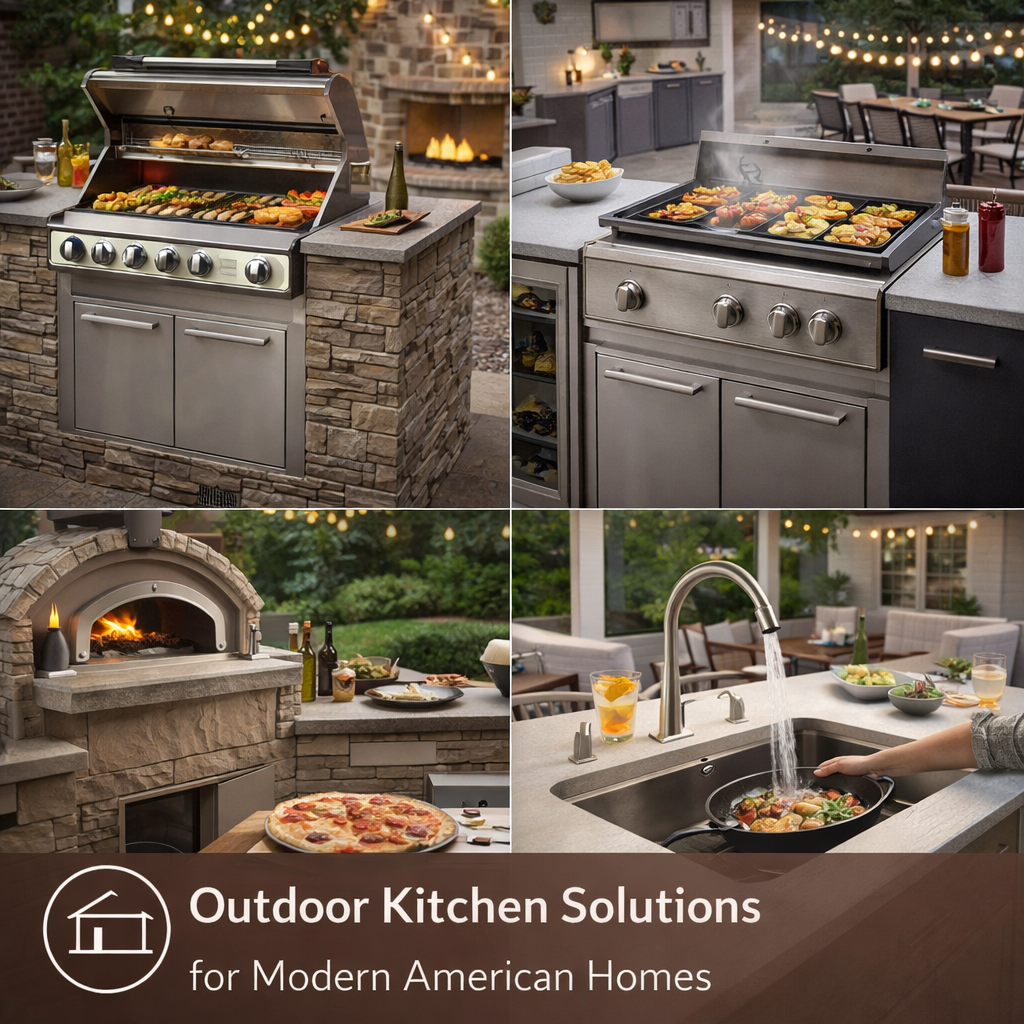modern outdoor kitchen with grill and island setup in American backyard patio