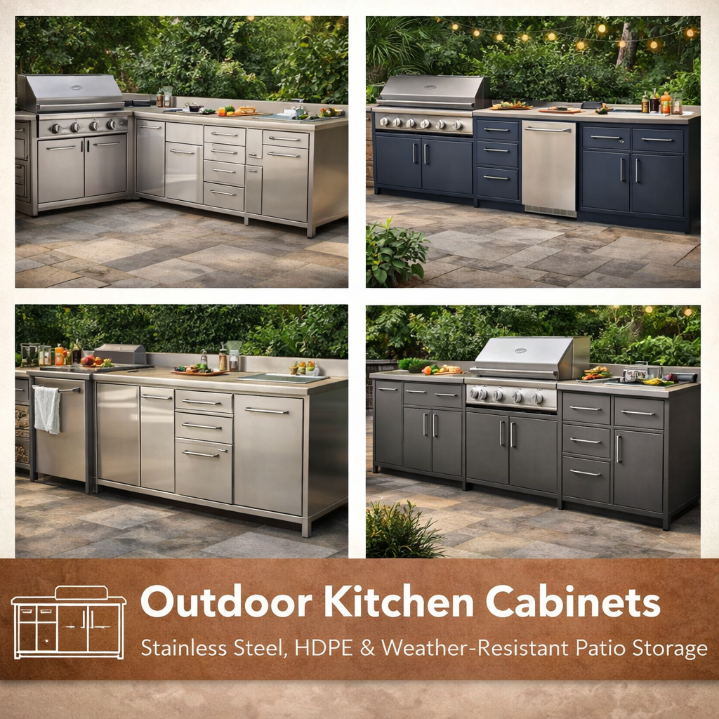 Outdoor kitchen cabinets with stainless steel and weather-resistant patio storage in a modern backyard kitchen
