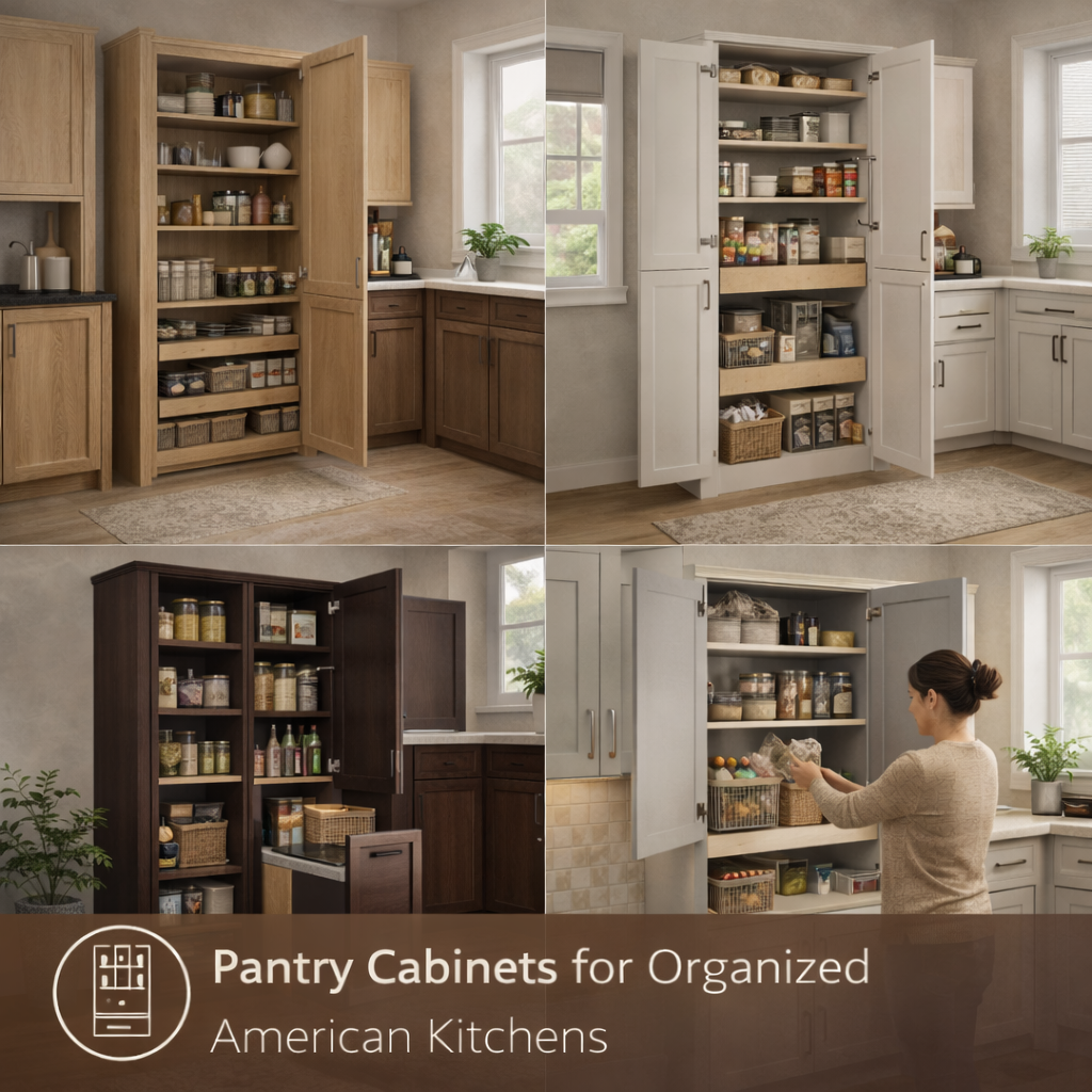 pantry cabinets in modern American kitchen with organized storage and pull out shelves