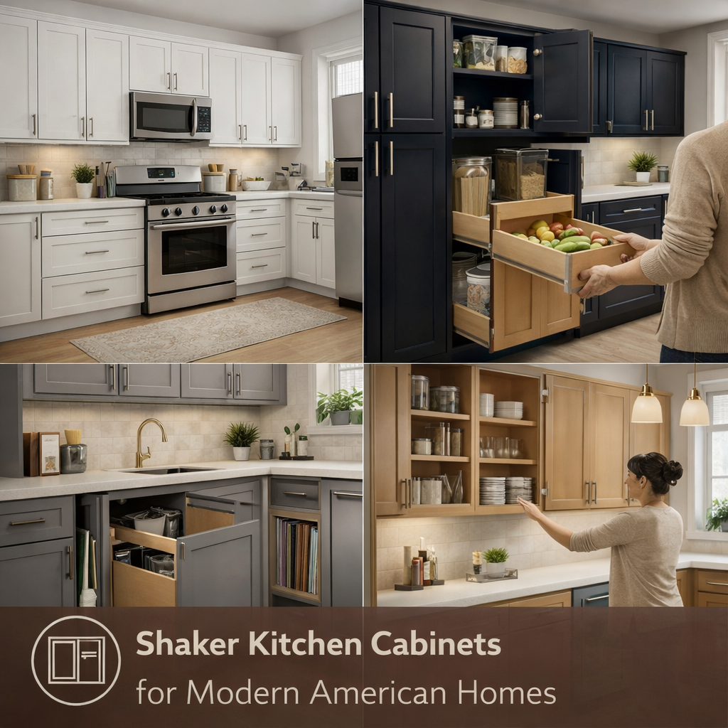 white shaker kitchen cabinets in modern American kitchen with clean design and bright layout