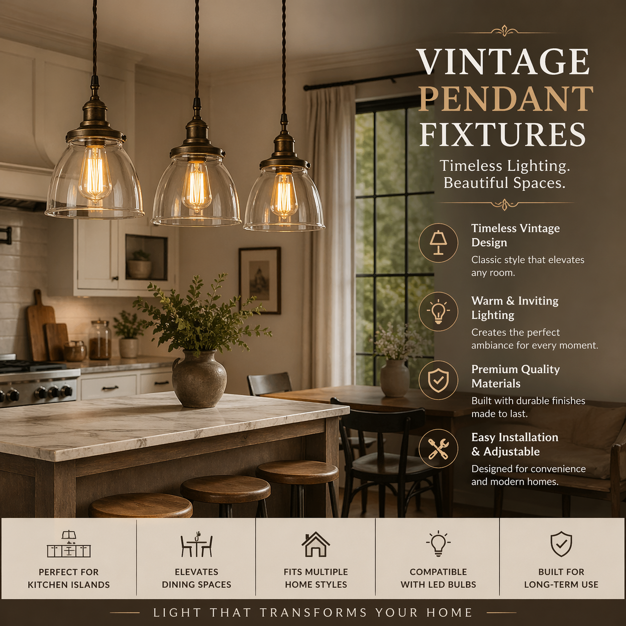 Shop vintage pendant fixtures with elegant finishes, warm lighting, and timeless design. Perfect for kitchens, dining rooms, and stylish modern homes.