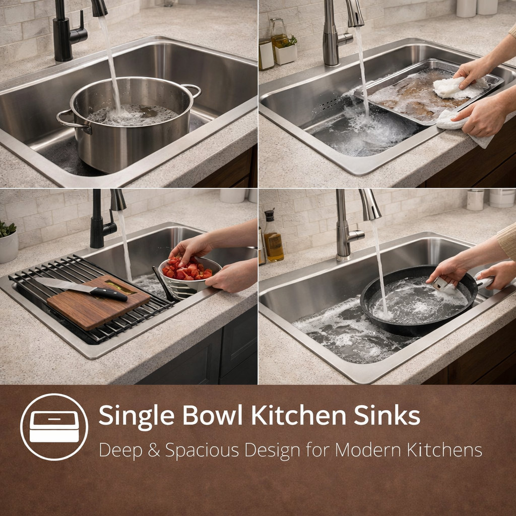 modern American kitchen with deep single bowl stainless steel sink and large cookware