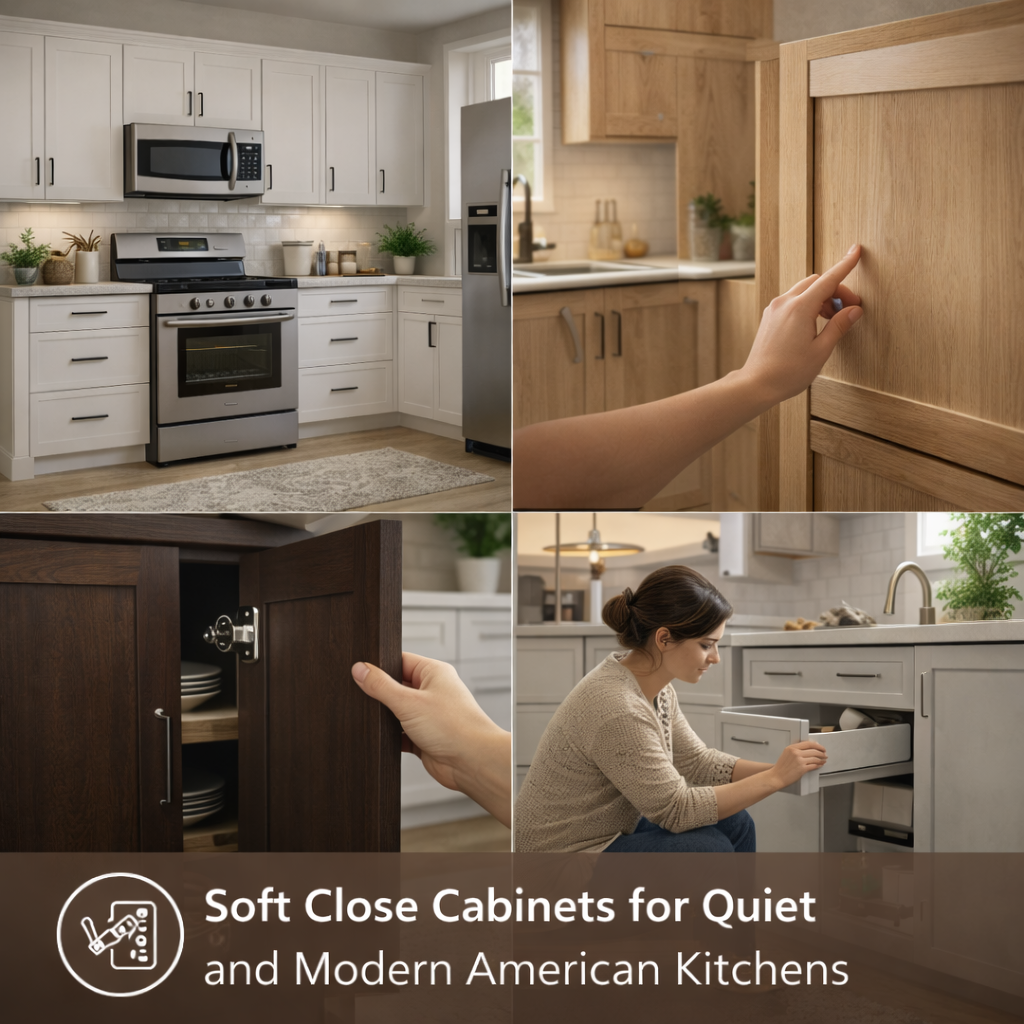 modern kitchen cabinets with soft close hinges and quiet closing drawer system in American home