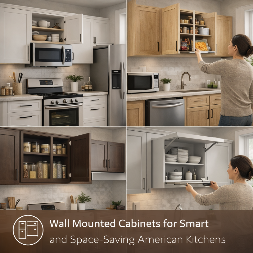 modern kitchen with wall mounted cabinets and clean upper storage layout in American home