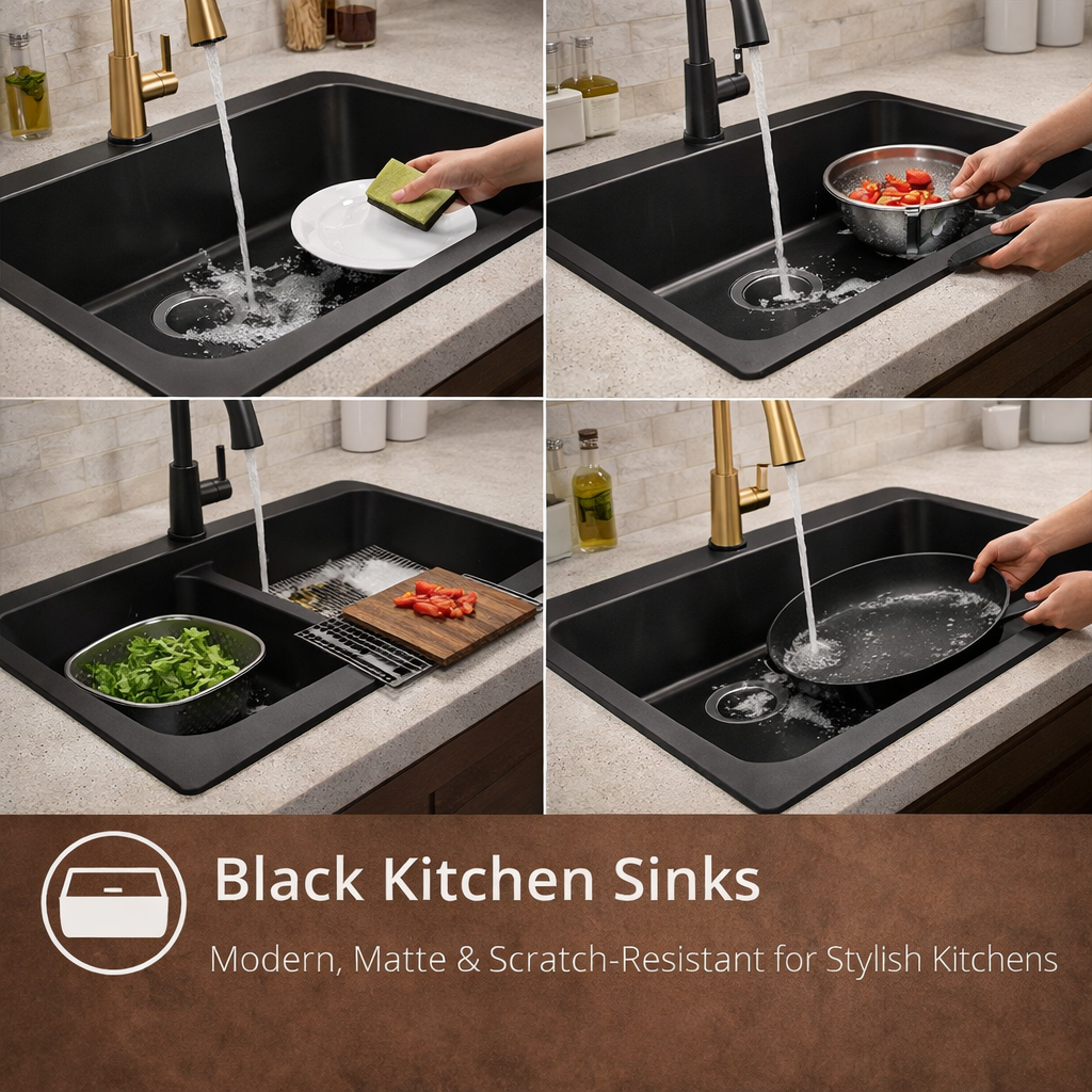 modern American kitchen with matte black sink and white quartz countertop contrast
