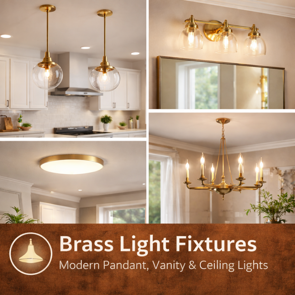 Brass light fixtures with modern pendant and ceiling lighting in a warm interior