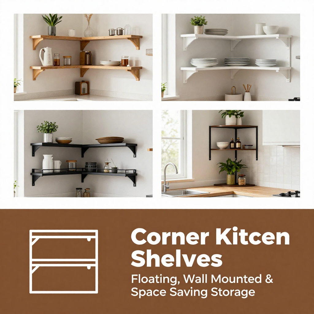 Corner kitchen shelves with floating wall mounted storage in a modern kitchen