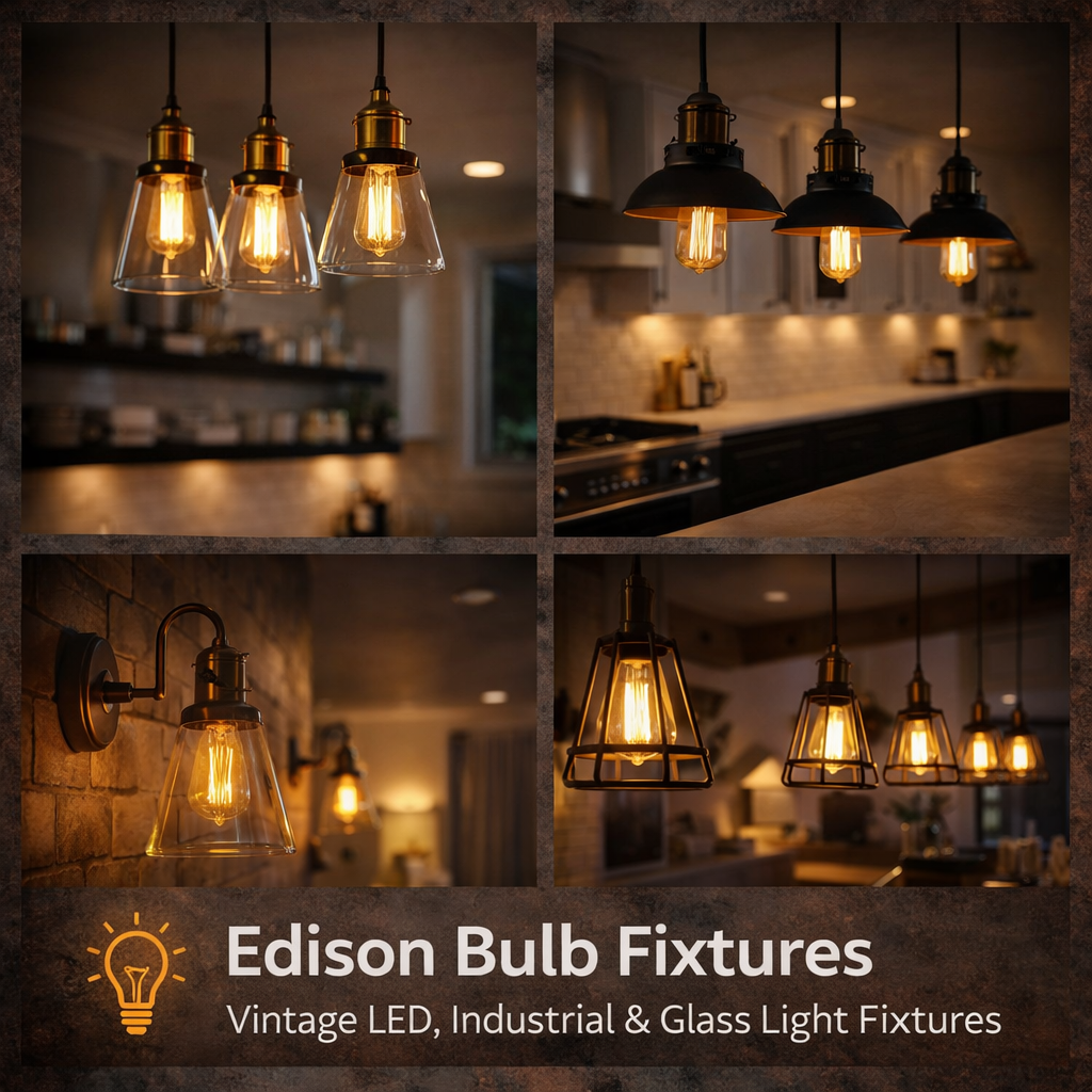 Edison bulb fixtures with vintage LED filament lighting in a warm industrial interior