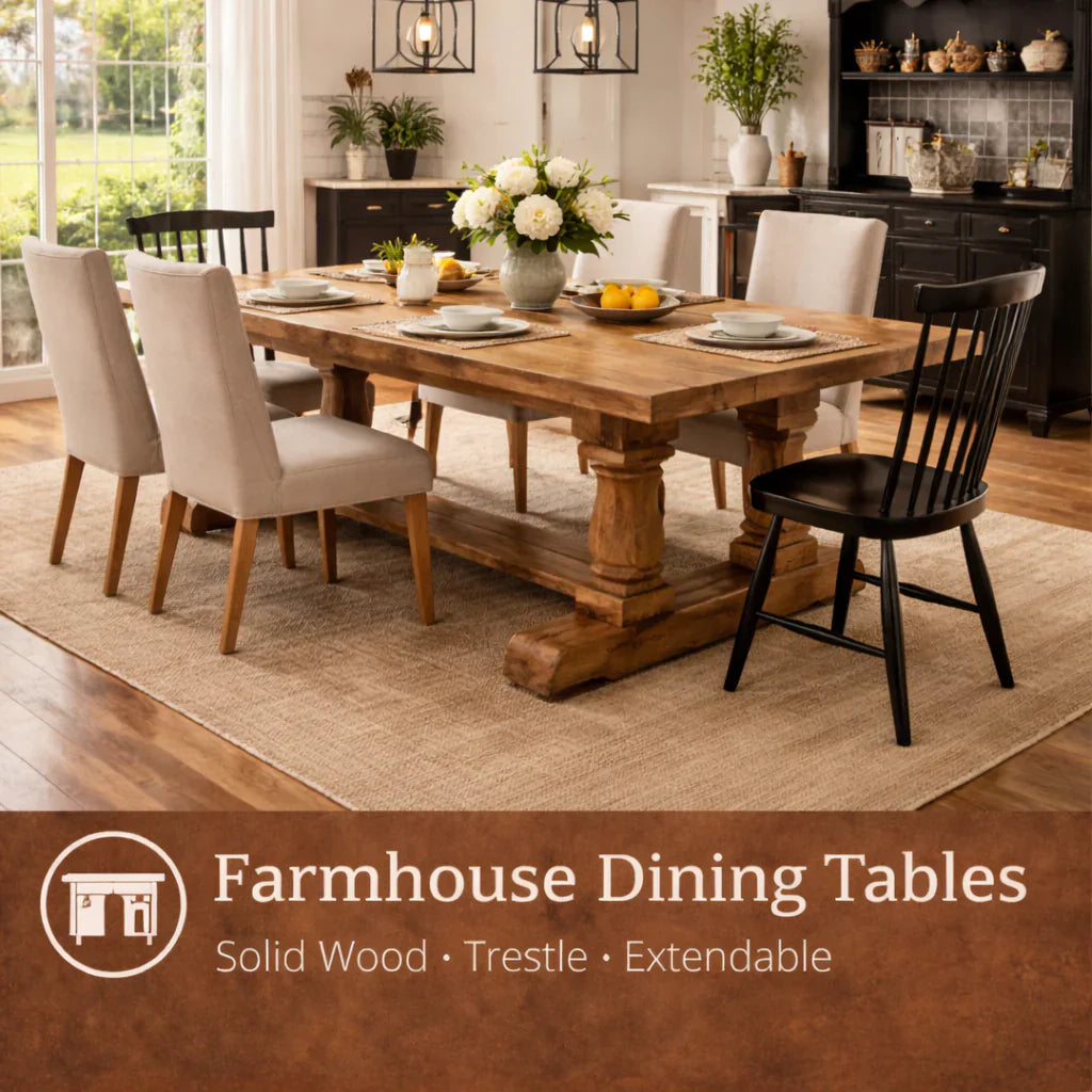 modern American dining room with solid wood farmhouse dining table and warm natural finish