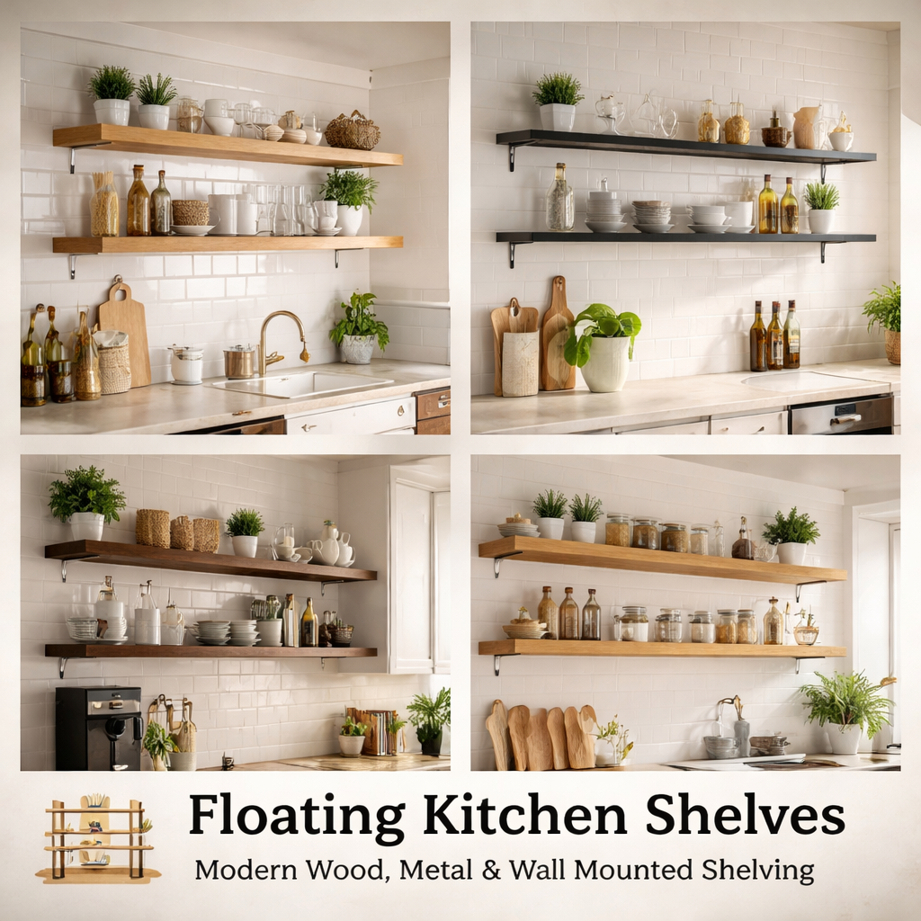 Floating kitchen shelves with modern wood and wall mounted storage in a bright kitchen