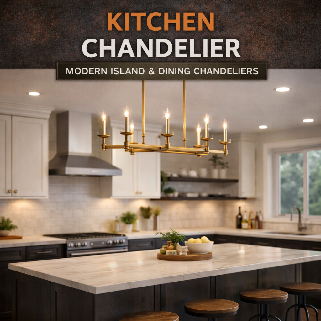 Kitchen chandelier above a modern kitchen island with warm statement lighting