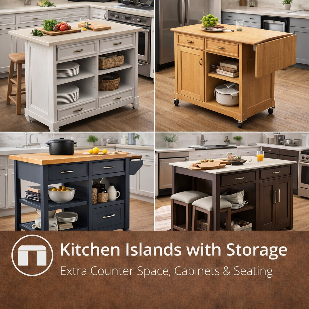 modern American kitchen with storage island, drawers, cabinets, and seating space