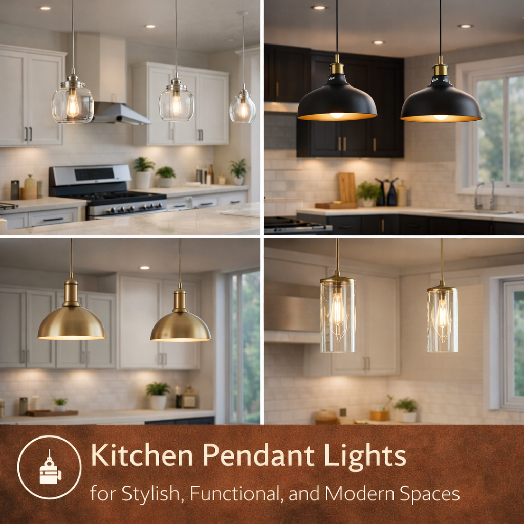 modern American kitchen with pendant lights over island and warm ambient lighting