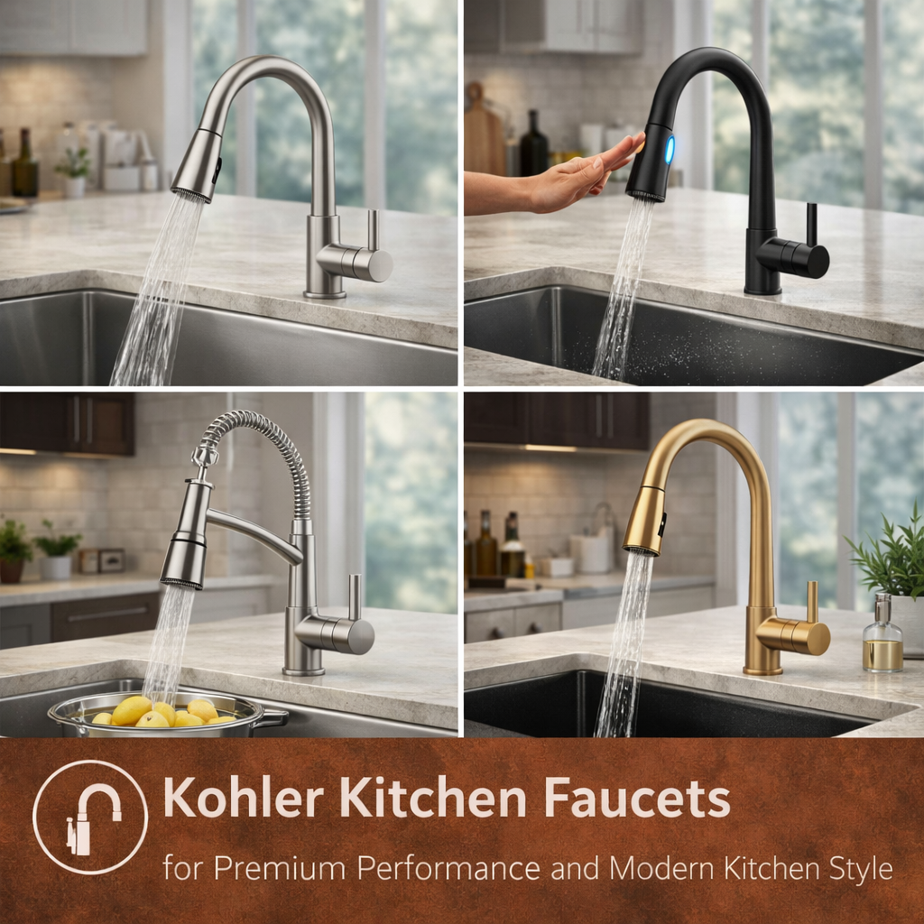 modern American kitchen with Kohler pull-down faucet and premium sink setup