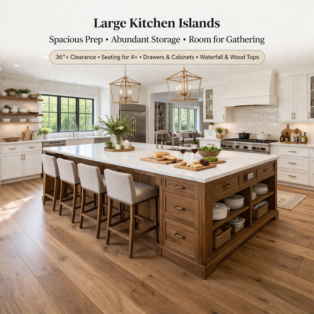 large modern American kitchen island with storage, seating, and spacious countertop design