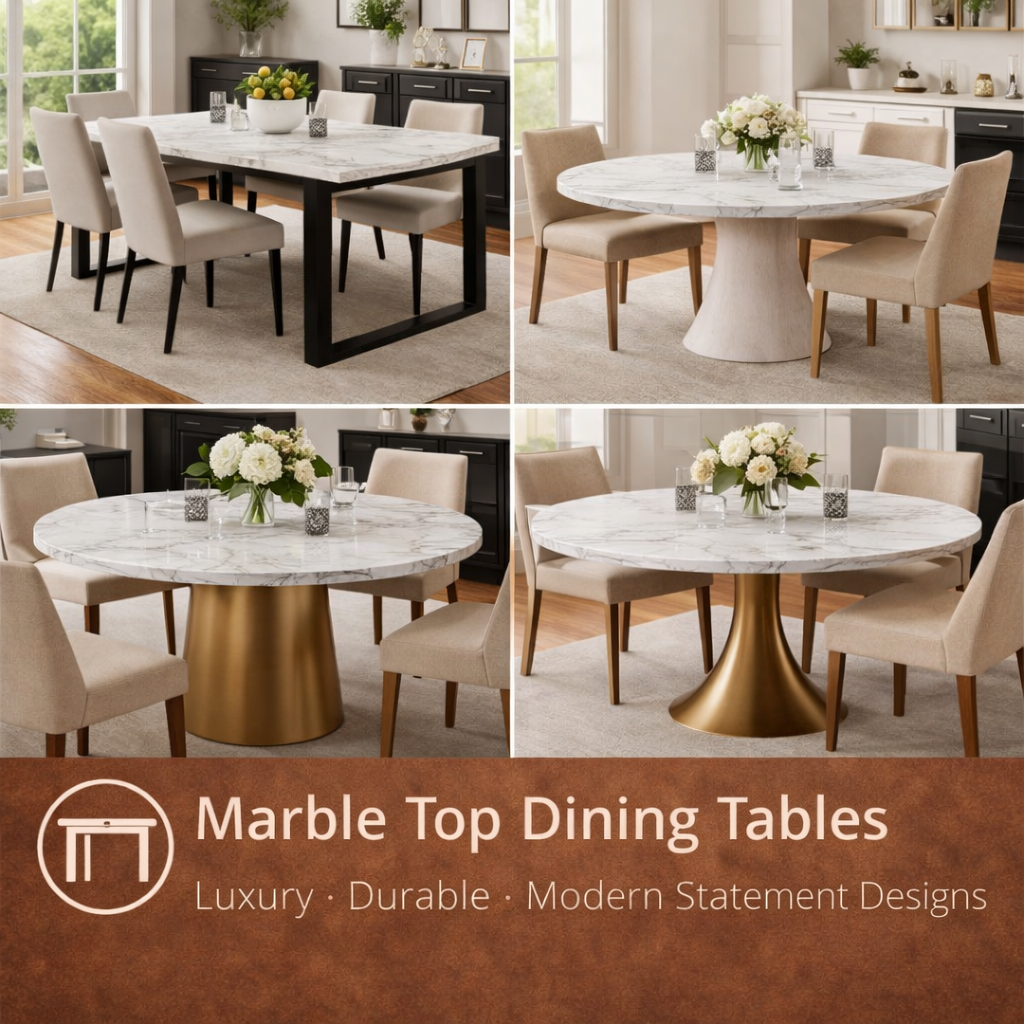 modern American dining room with marble top dining table and elegant pedestal base