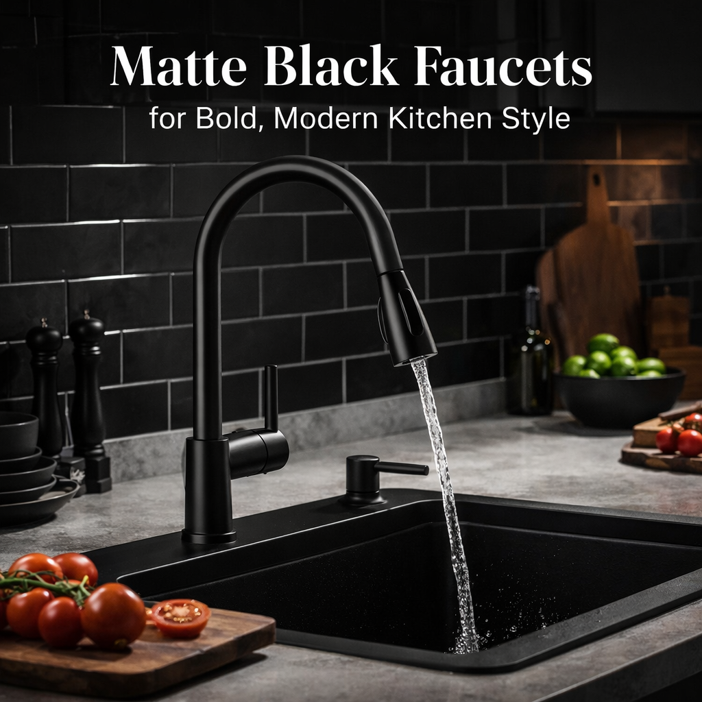 modern American kitchen with matte black faucet and white countertop contrast