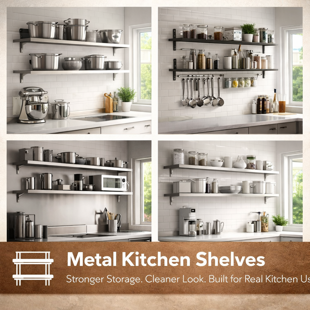 Metal kitchen shelves with stainless steel wall mounted storage in a modern kitchen
