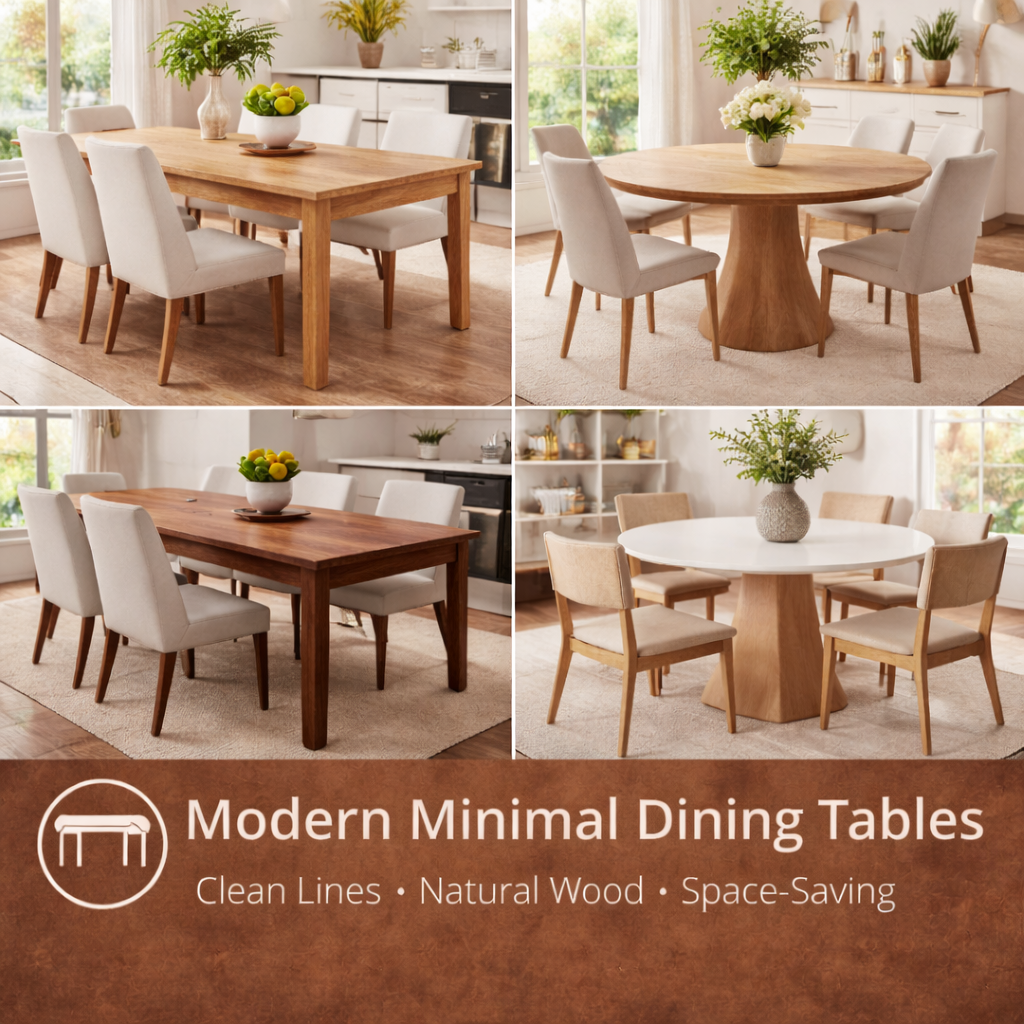 modern American dining space with minimal wood dining table, clean lines, and soft neutral decor