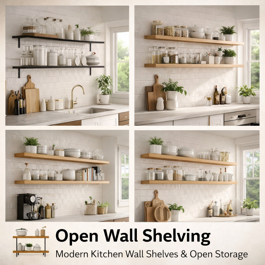 Open wall shelving in a modern kitchen with wood and metal shelves for everyday storage