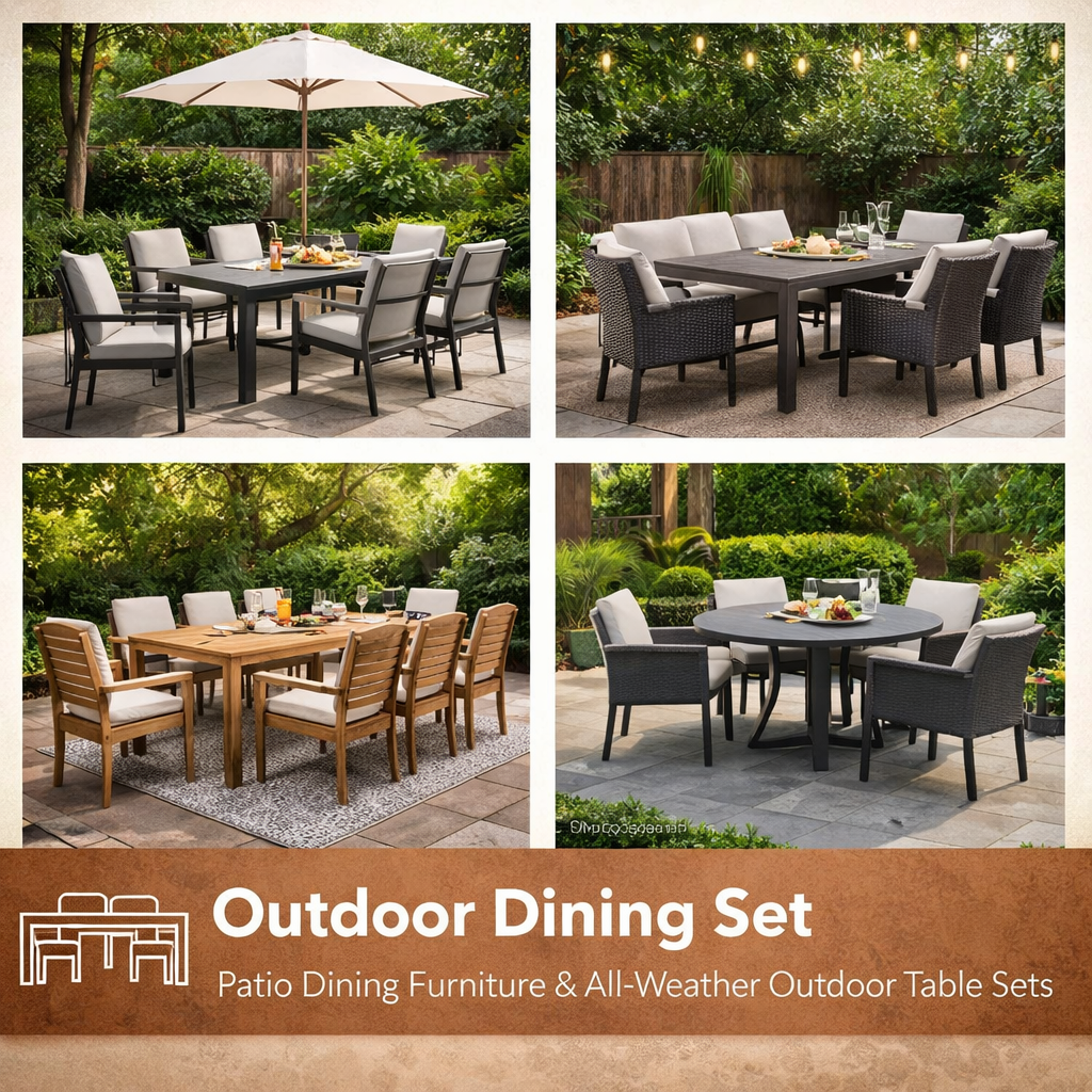 Outdoor dining set with patio table, comfortable chairs, and all-weather materials in a modern backyard