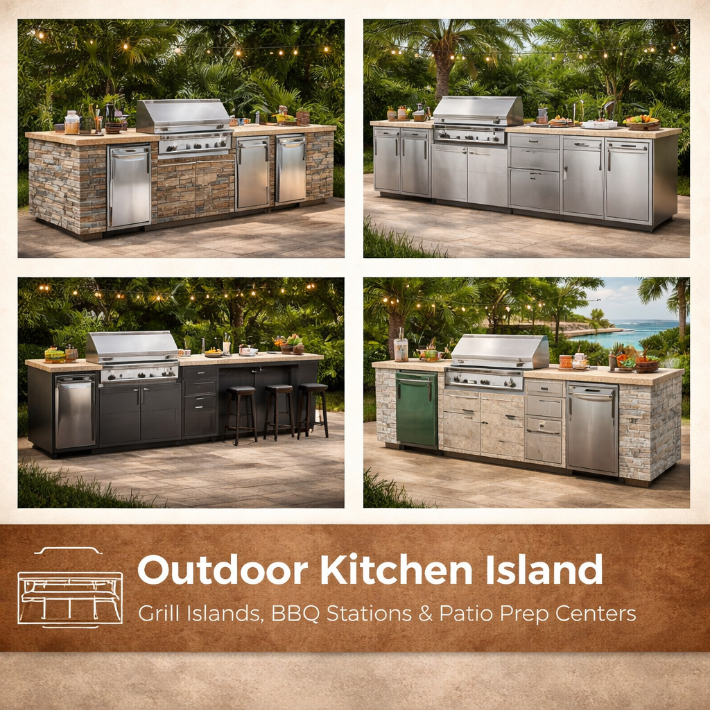 Outdoor kitchen island with grill, prep space, and storage in a modern backyard patio