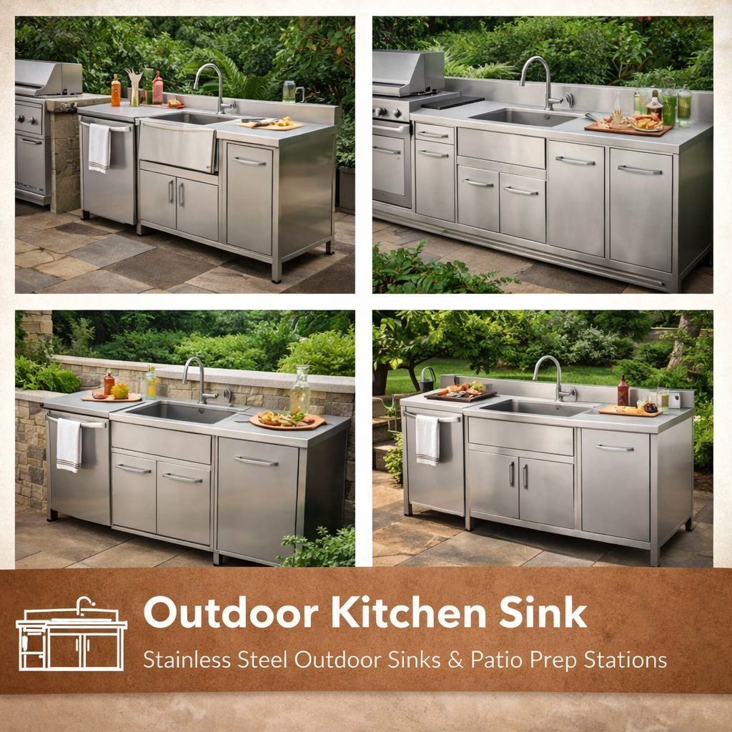 Outdoor kitchen sink with stainless steel prep station and patio setup for BBQ cooking