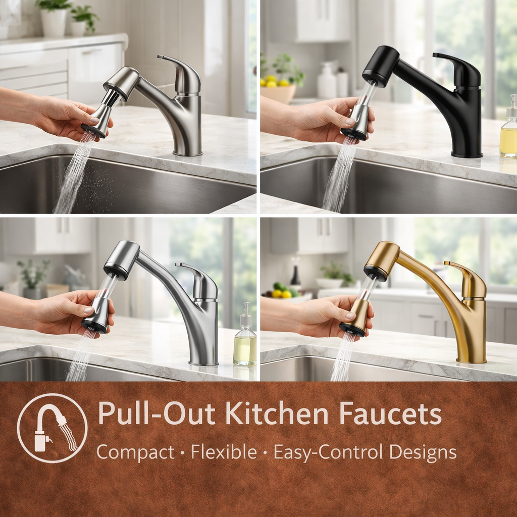 Shop pull-out kitchen faucets with compact design and flexible spray control. Discover easy-to-use faucets for small and modern kitchens.