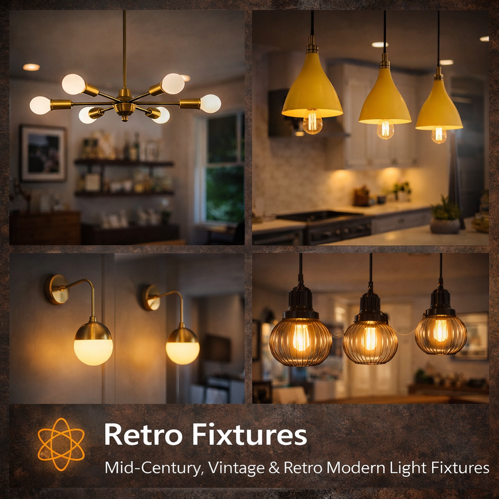Retro light fixtures with mid-century and vintage-inspired lighting in a warm modern interior