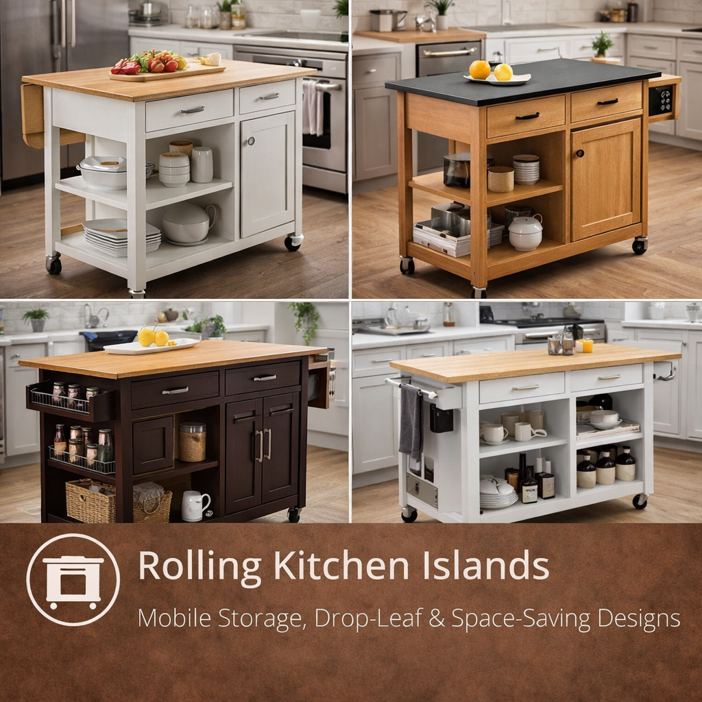 modern American kitchen with rolling kitchen island, storage drawers, and lockable caster wheels
