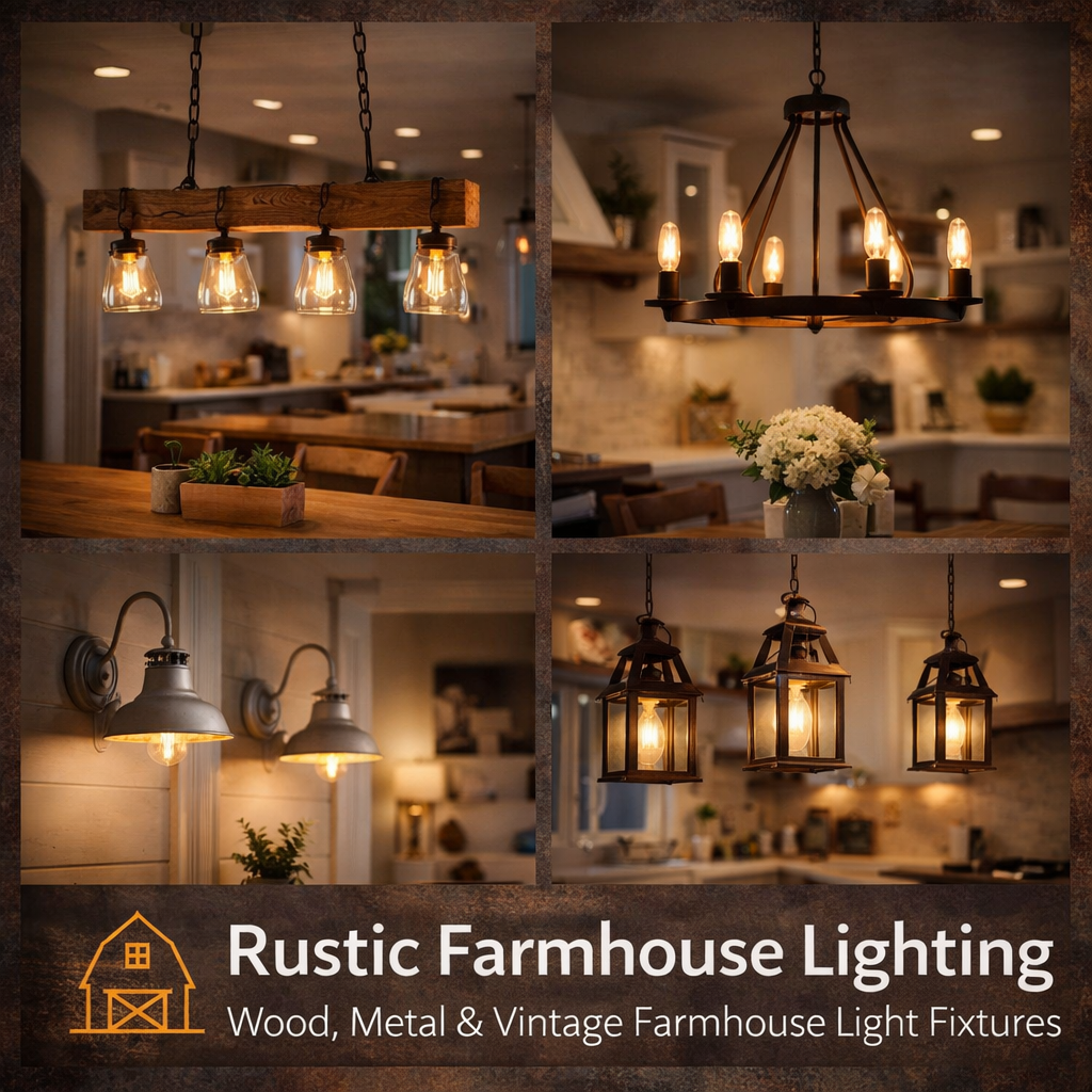 Rustic farmhouse lighting with wood and metal fixtures in a warm cozy interior
