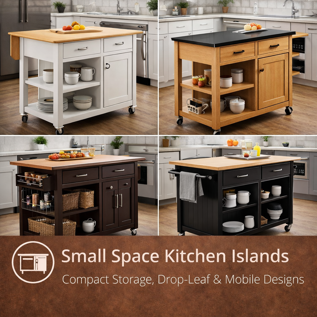 modern American kitchen with compact kitchen island, storage shelves, and space-saving design