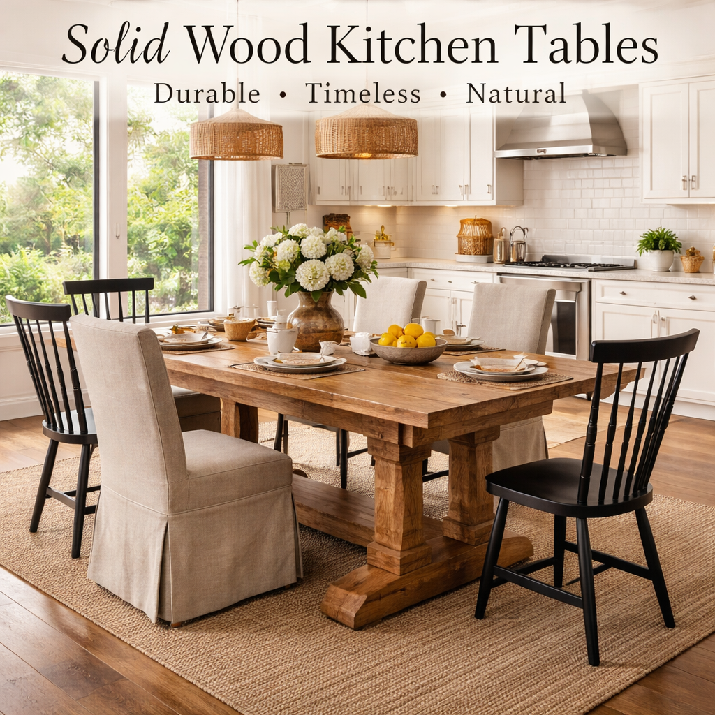 solid wood kitchen table in modern American kitchen with natural wood grain and warm tones