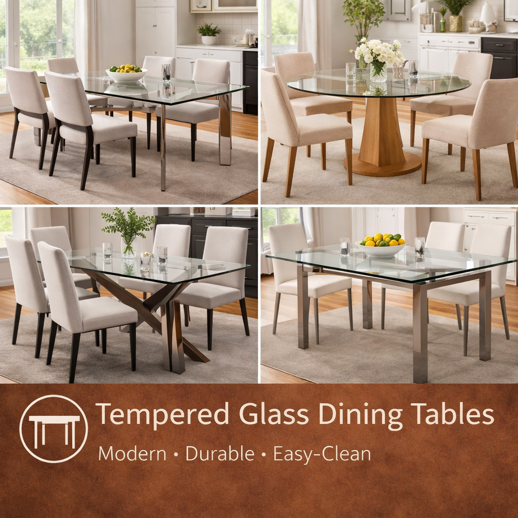 modern American dining room with tempered glass dining table and minimalist design