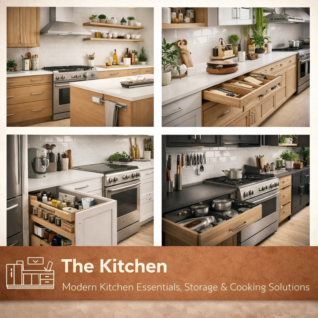 Modern kitchen with organized storage, cooking tools, and clean functional design