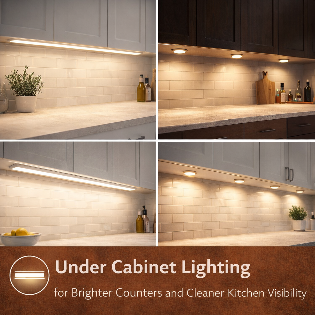 modern American kitchen with under cabinet LED lighting illuminating countertop workspace