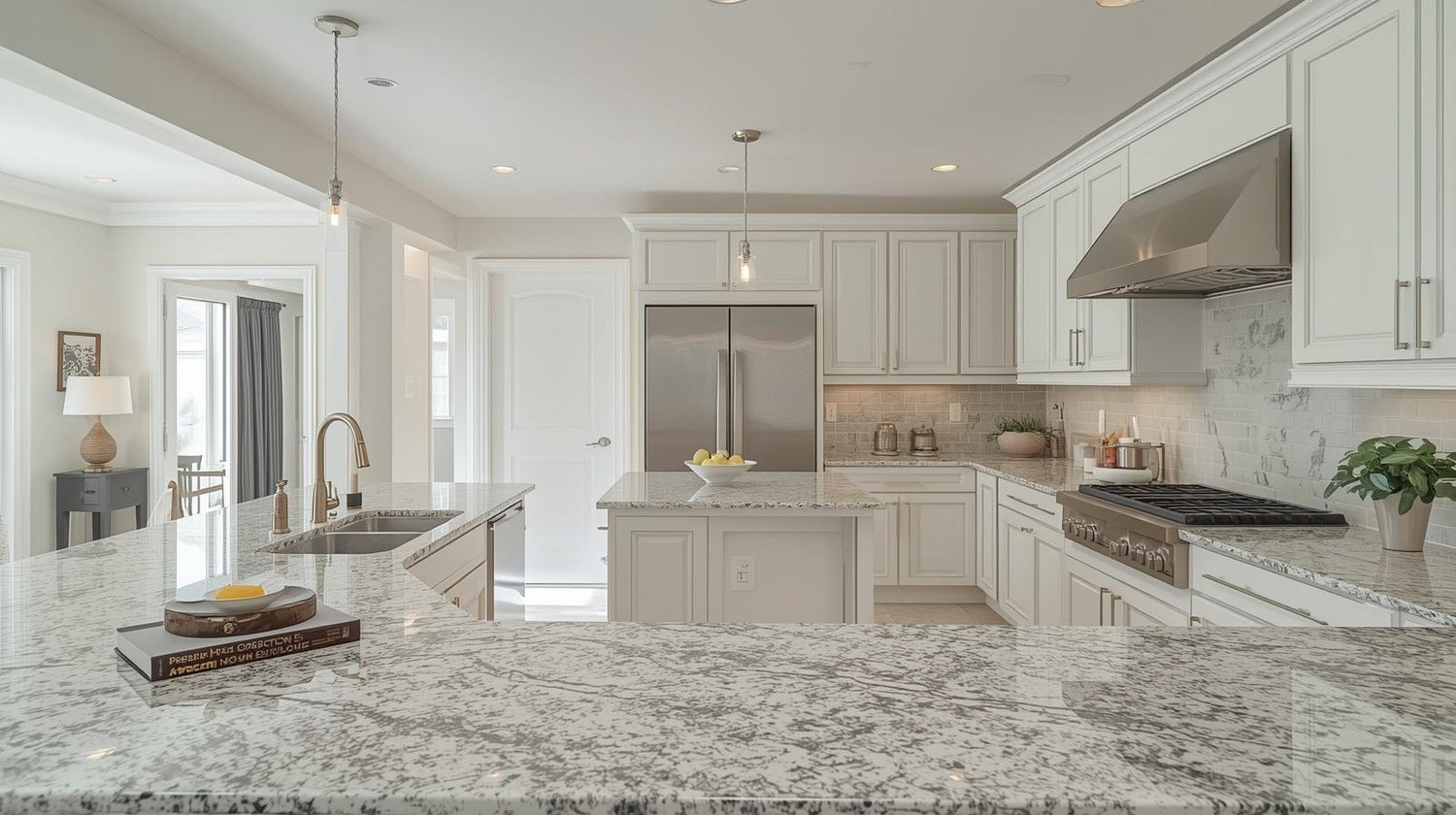 Modern kitchen with granite countertops and stainless steel appliances