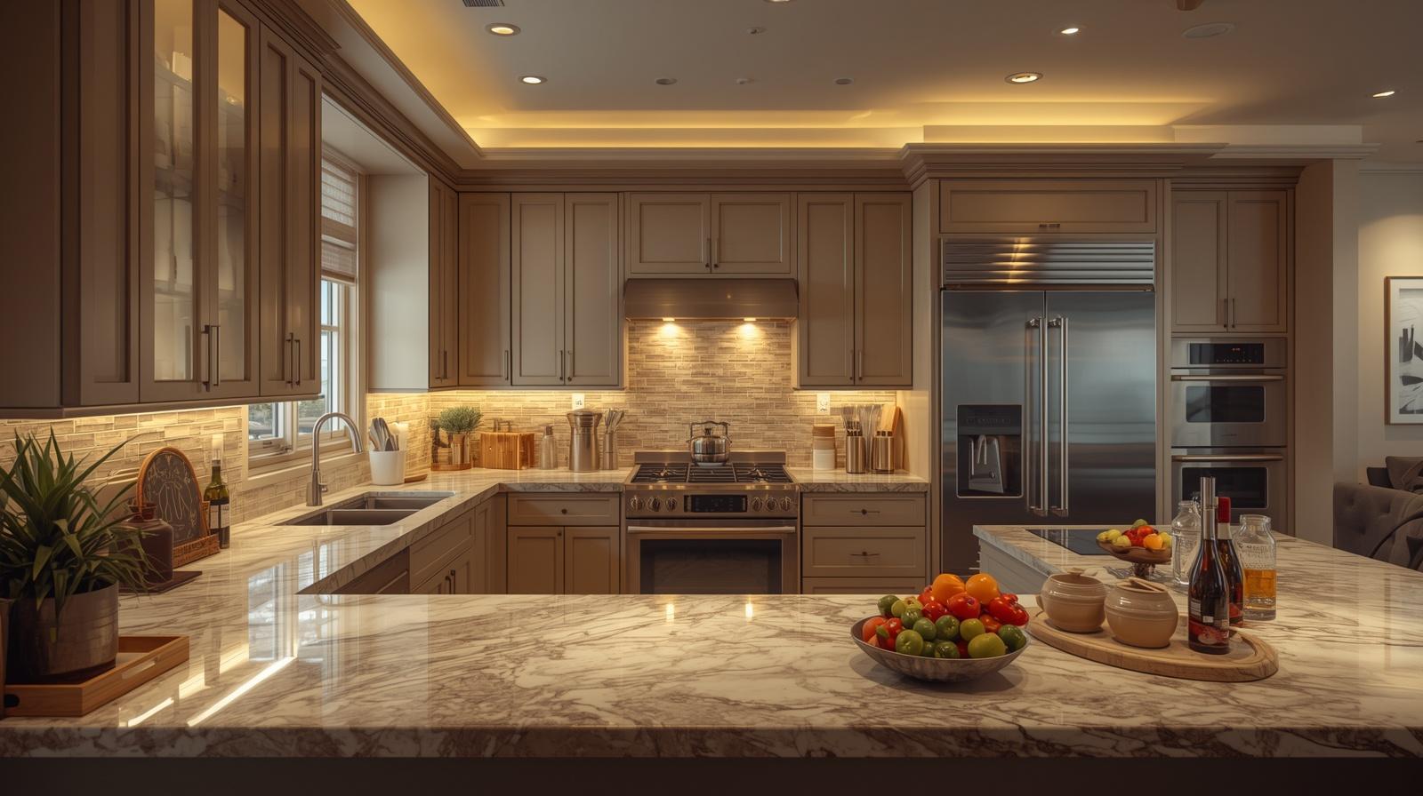 Modern kitchen with marble countertops, stainless steel appliances, and decorative elements.