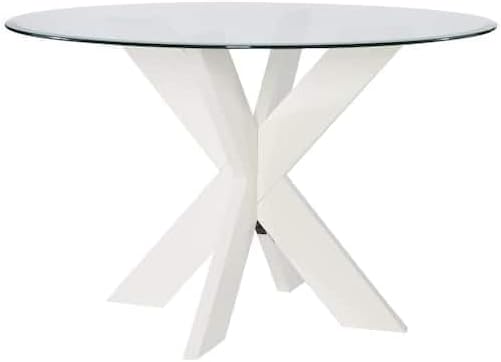 Modern round glass table with white geometric legs on a white background