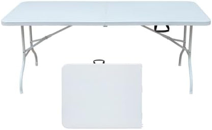 GlowSol Folding Table 6FT, Heavy Duty Portable Plastic Folding Table with Handle, Anti-Slip Feet, Waterproof, Easy to Clean, 300LBS Capacity, Foldable for Indoor Outdoor Use, White