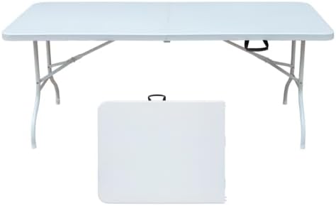 GlowSol Folding Table 6FT, Heavy Duty Portable Plastic Folding Table with Handle, Anti-Slip Feet, Waterproof, Easy to Clean, 300LBS Capacity, Foldable for Indoor Outdoor Use, White