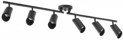 Black track light fixture with six cylindrical lights on a white background