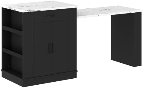 Black office desk with white marble-like surface on a white background