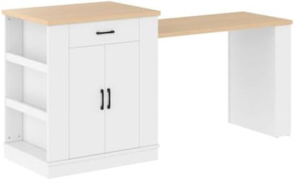 Bellemave Kitchen Island with Extendable Dining Table, 80.7" Kitchen Storage Islands with Double-Door Cabinet, Power Outlet, 2 Drawers & 2 Open Shelves, Temporary Breakfast Bar (White/80.7")