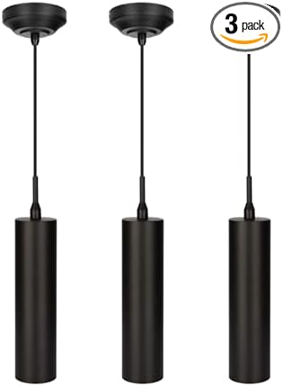 Three black pendant lights with cylindrical design on a white background
