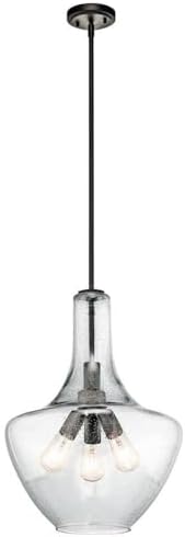 Clear glass pendant light with metal accents on a white background